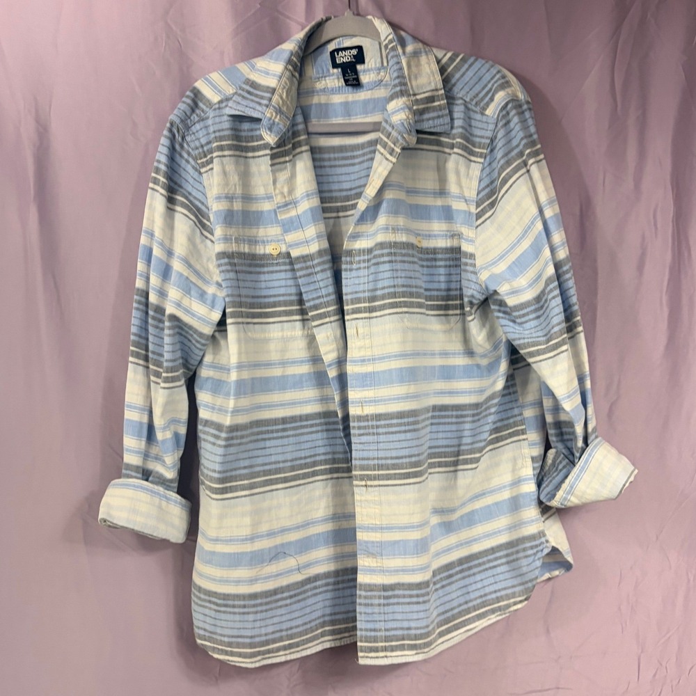 Lands End Mens Large Blue White Striped Linen Cotton Button Down Shirt